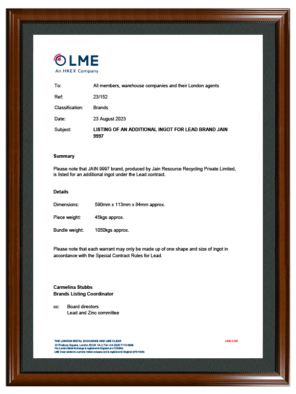 LME certificate